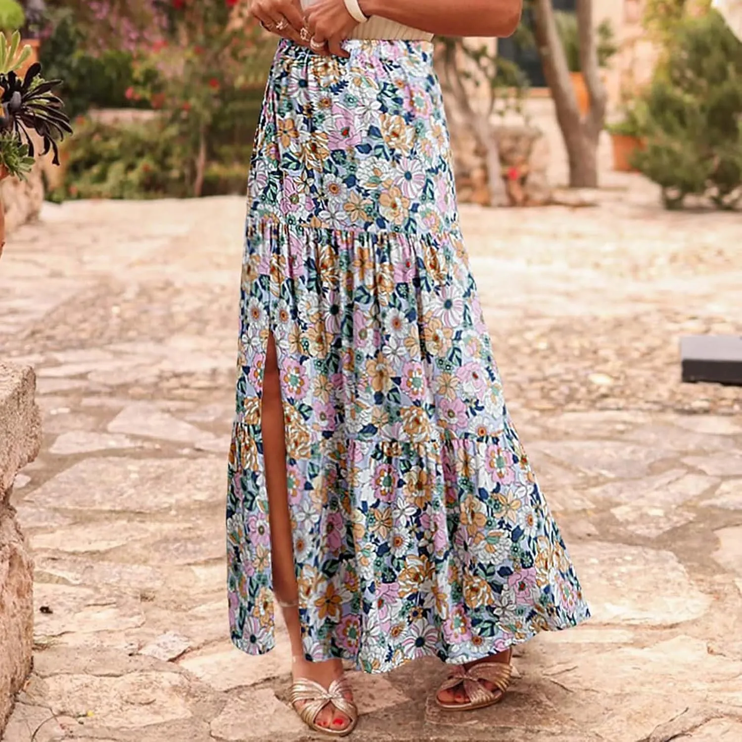 Summer Boho Skirts Women Long Floral Skirts Elastic High Waist Printed Skirts A Line Flowy Skirts Split Ruffle Skirts
