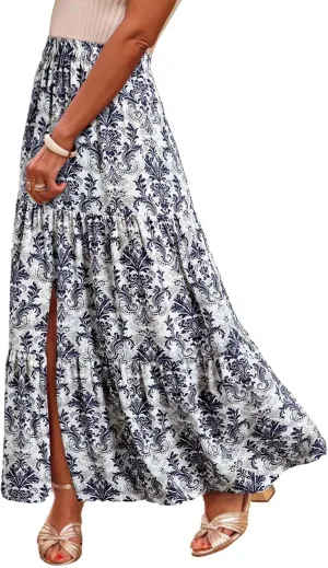 Summer Boho Skirts Women Long Floral Skirts Elastic High Waist Printed Skirts A Line Flowy Skirts Split Ruffle Skirts