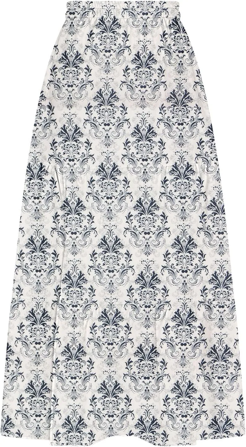 Summer Boho Skirts Women Long Floral Skirts Elastic High Waist Printed Skirts A Line Flowy Skirts Split Ruffle Skirts