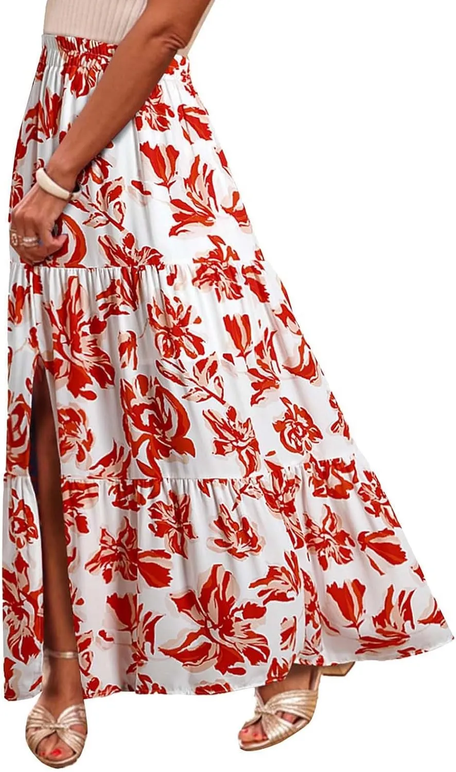 Summer Boho Skirts Women Long Floral Skirts Elastic High Waist Printed Skirts A Line Flowy Skirts Split Ruffle Skirts