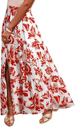 Summer Boho Skirts Women Long Floral Skirts Elastic High Waist Printed Skirts A Line Flowy Skirts Split Ruffle Skirts