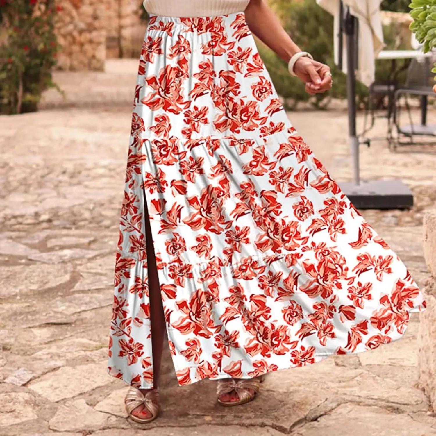 Summer Boho Skirts Women Long Floral Skirts Elastic High Waist Printed Skirts A Line Flowy Skirts Split Ruffle Skirts