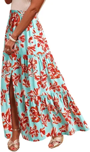 Summer Boho Skirts Women Long Floral Skirts Elastic High Waist Printed Skirts A Line Flowy Skirts Split Ruffle Skirts