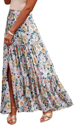 Summer Boho Skirts Women Long Floral Skirts Elastic High Waist Printed Skirts A Line Flowy Skirts Split Ruffle Skirts
