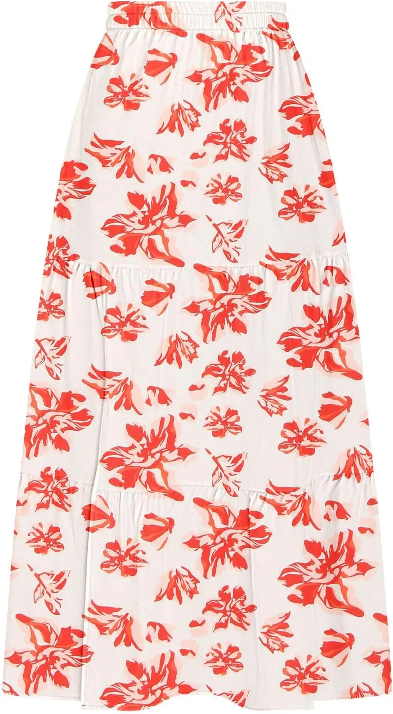 Summer Boho Skirts Women Long Floral Skirts Elastic High Waist Printed Skirts A Line Flowy Skirts Split Ruffle Skirts