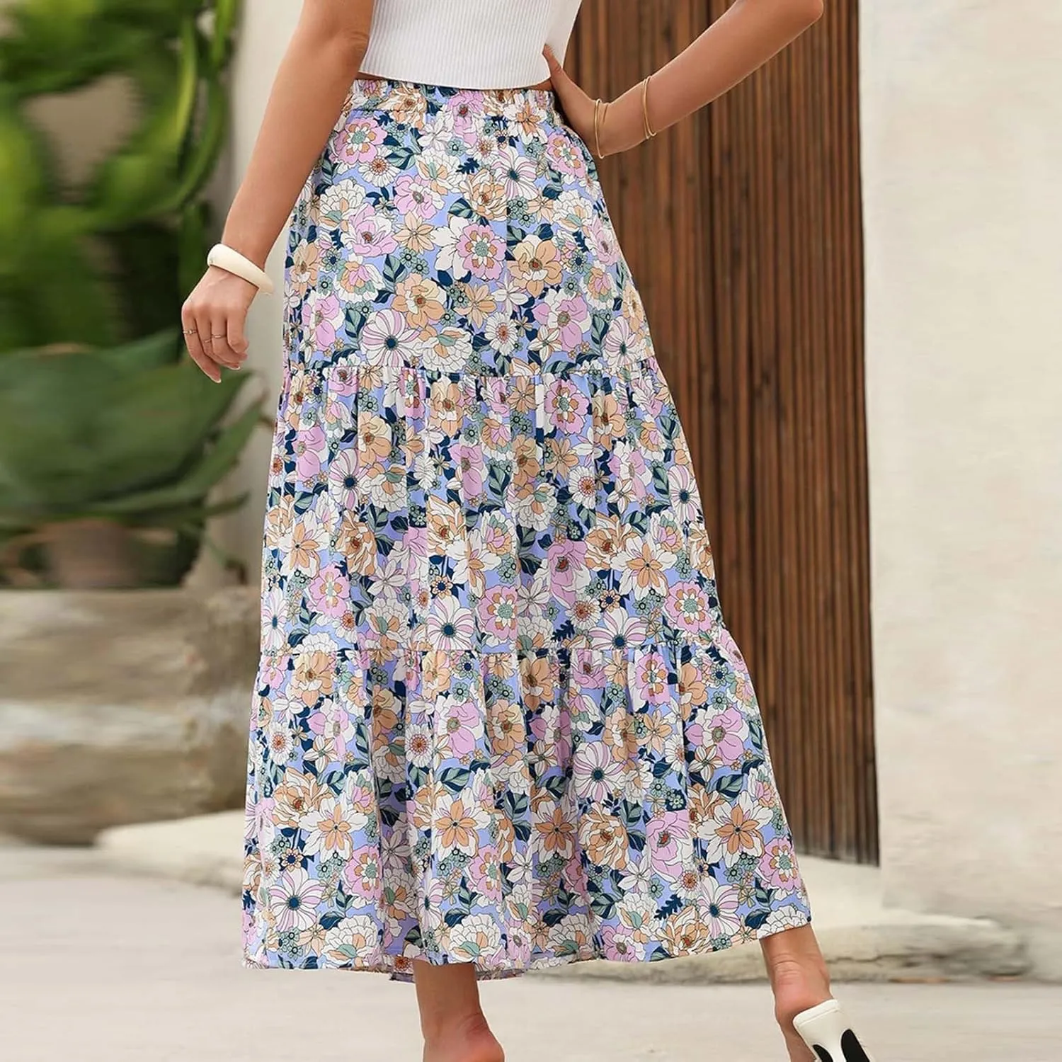 Summer Boho Skirts Women Long Floral Skirts Elastic High Waist Printed Skirts A Line Flowy Skirts Split Ruffle Skirts