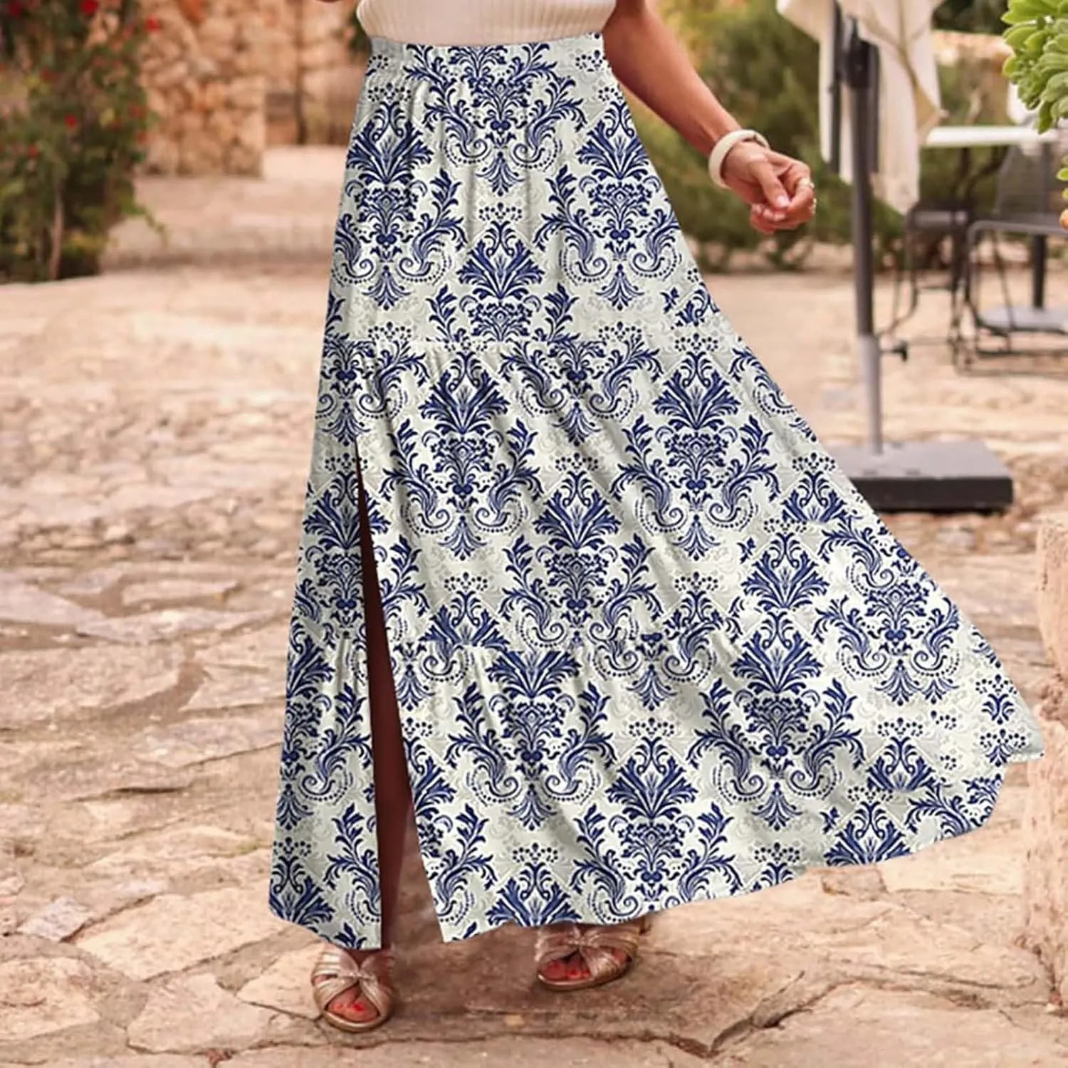 Summer Boho Skirts Women Long Floral Skirts Elastic High Waist Printed Skirts A Line Flowy Skirts Split Ruffle Skirts