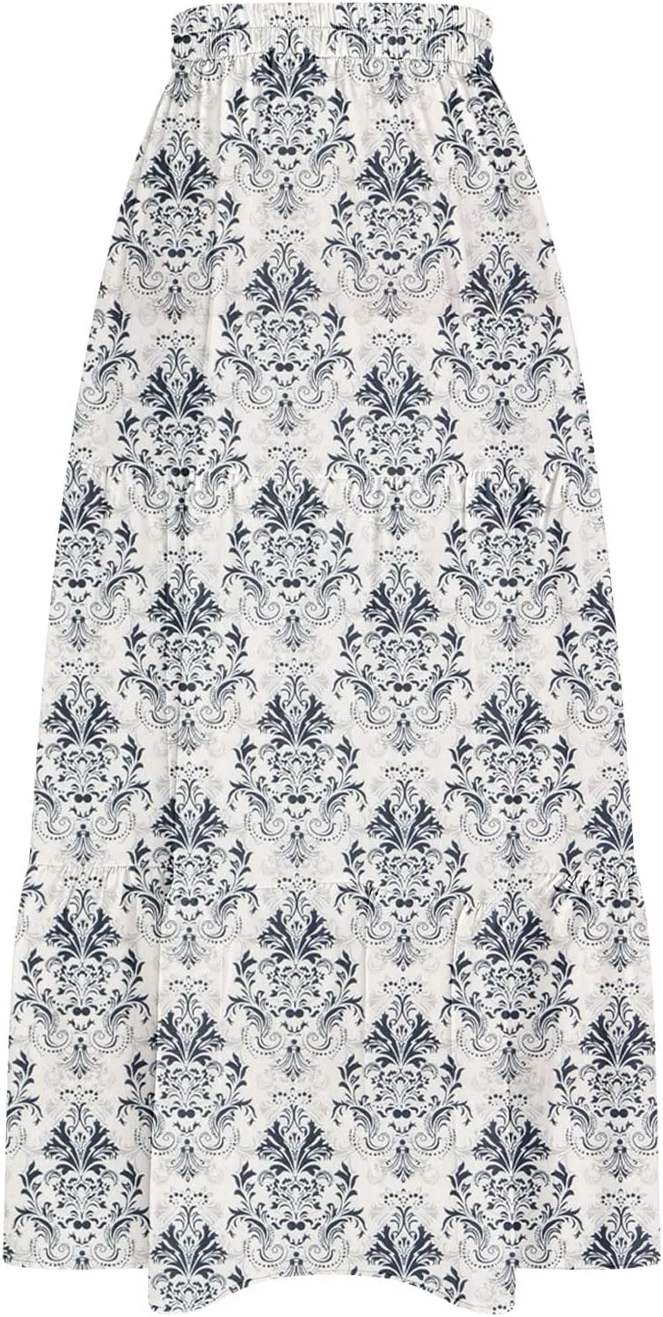 Summer Boho Skirts Women Long Floral Skirts Elastic High Waist Printed Skirts A Line Flowy Skirts Split Ruffle Skirts