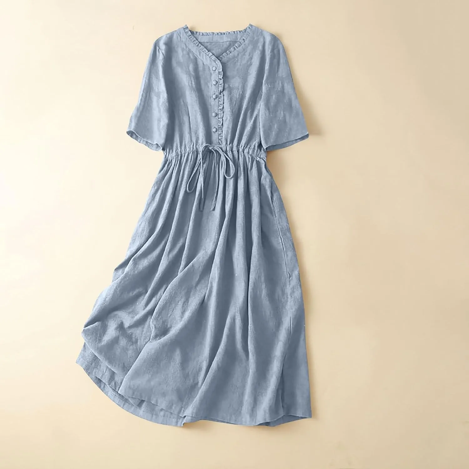Summer Cotton Linen Dresses for Women Embroidered Sleeve A Line Comfy Cotton Maxi Dress Trendy Summer Vacation Clothes