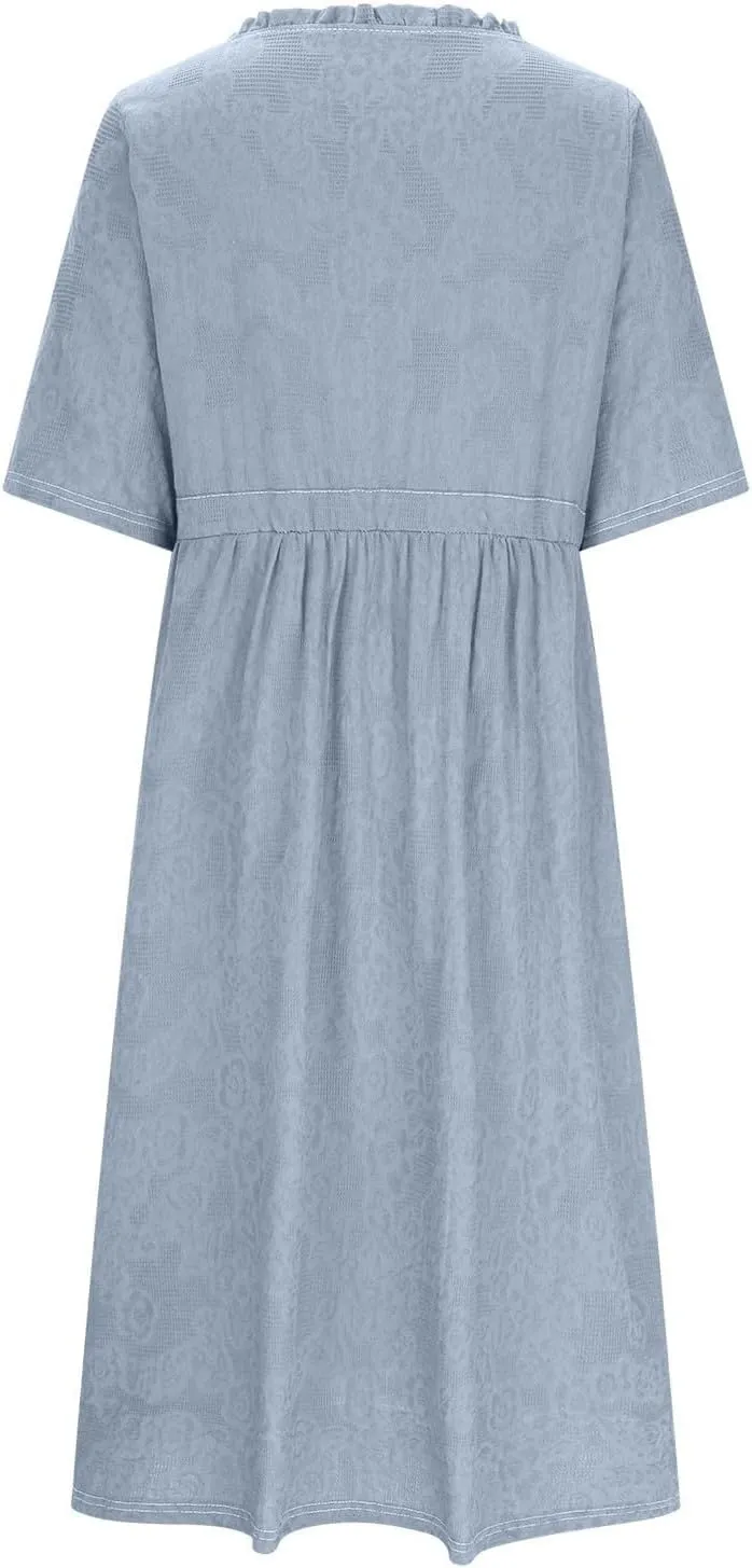 Summer Cotton Linen Dresses for Women Embroidered Sleeve A Line Comfy Cotton Maxi Dress Trendy Summer Vacation Clothes