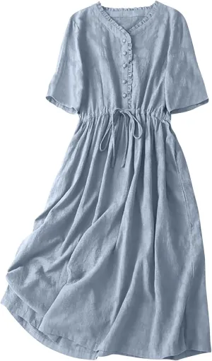 Summer Cotton Linen Dresses for Women Embroidered Sleeve A Line Comfy Cotton Maxi Dress Trendy Summer Vacation Clothes