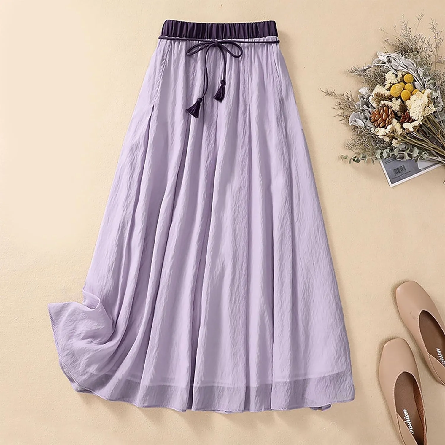 Summer Cotton Linen Skirts for Women Trendy A-Line Flowy Long Skirts Lace-Up Elastic Waist Beach Vacation Skirts