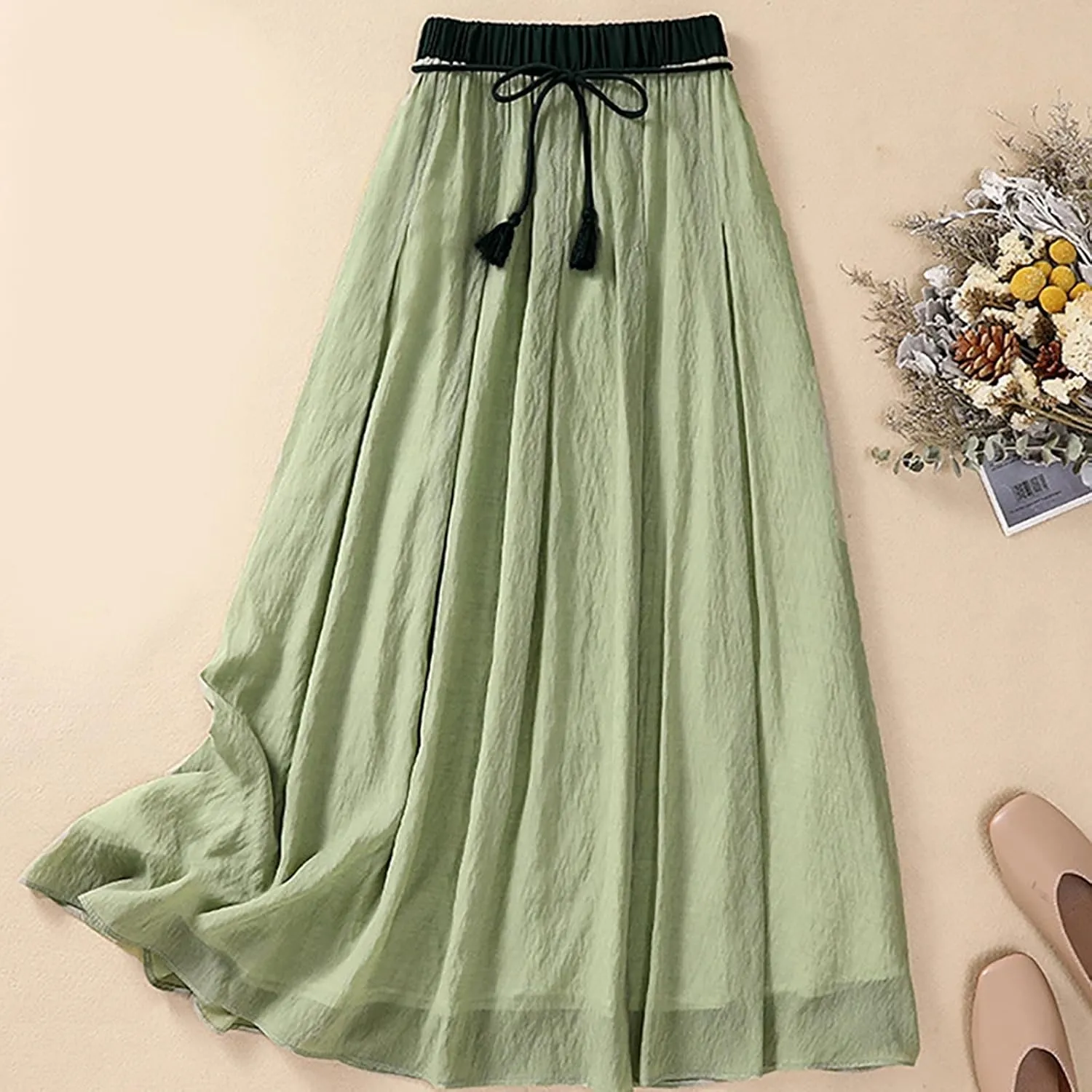 Summer Cotton Linen Skirts for Women Trendy A-Line Flowy Long Skirts Lace-Up Elastic Waist Beach Vacation Skirts