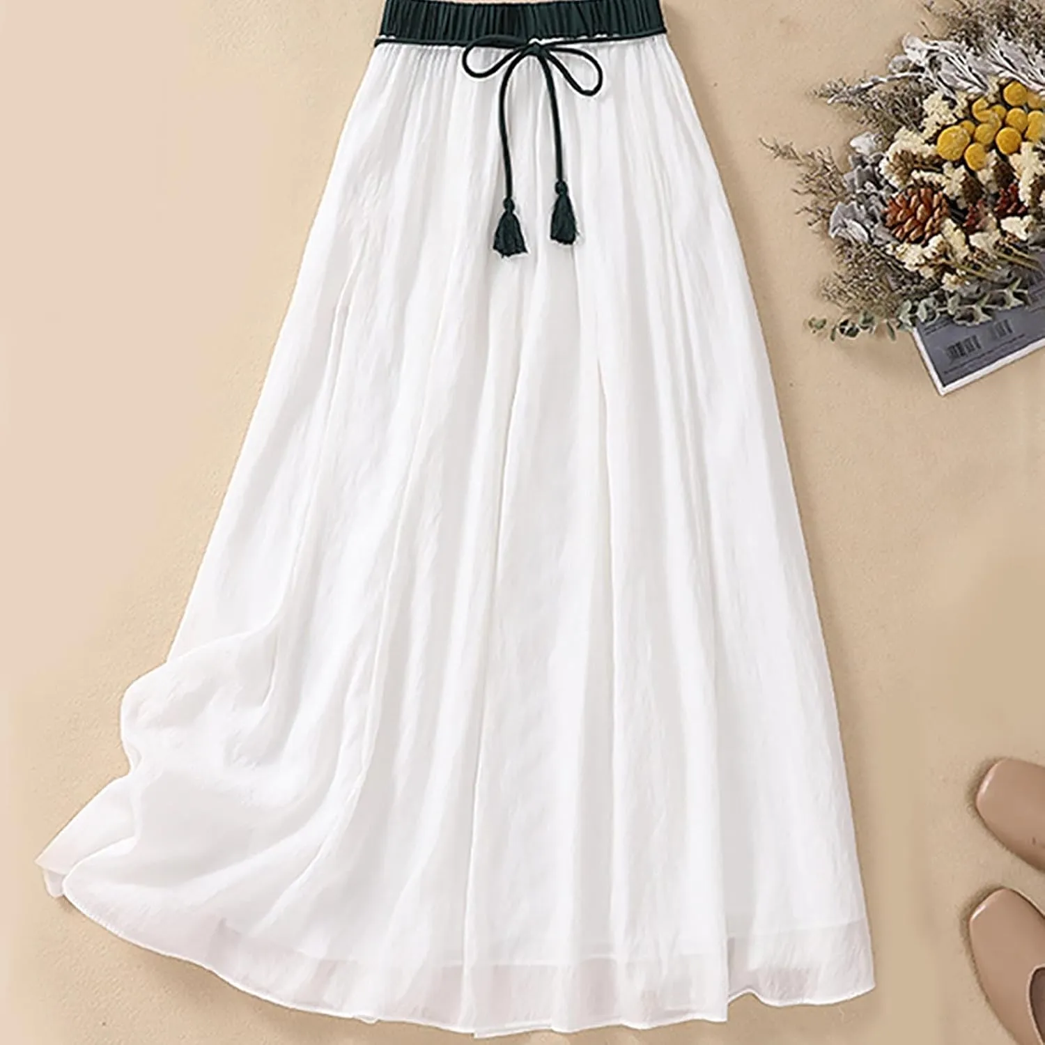 Summer Cotton Linen Skirts for Women Trendy A-Line Flowy Long Skirts Lace-Up Elastic Waist Beach Vacation Skirts