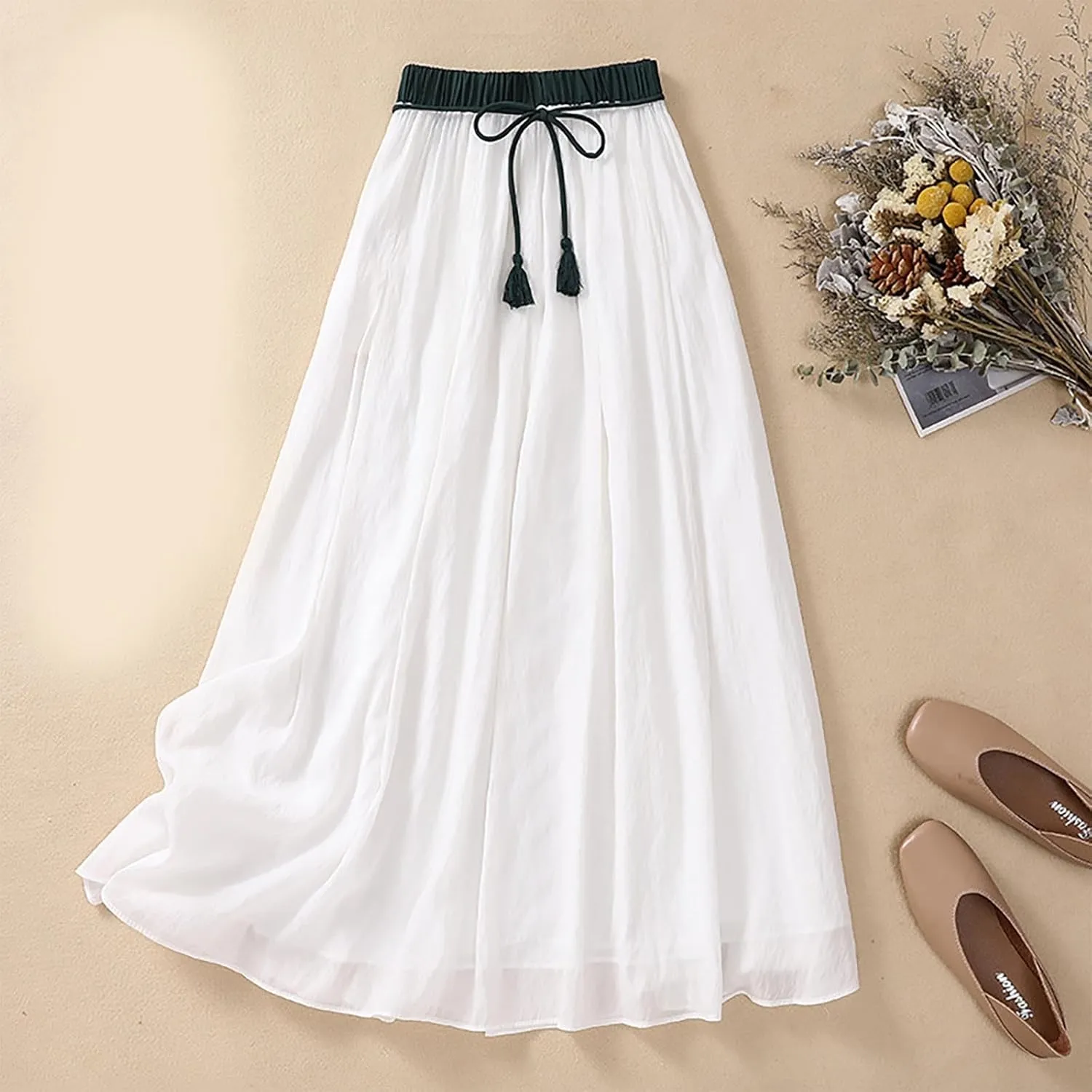 Summer Cotton Linen Skirts for Women Trendy A-Line Flowy Long Skirts Lace-Up Elastic Waist Beach Vacation Skirts