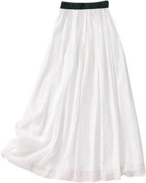 Summer Cotton Linen Skirts for Women Trendy A-Line Flowy Long Skirts Lace-Up Elastic Waist Beach Vacation Skirts