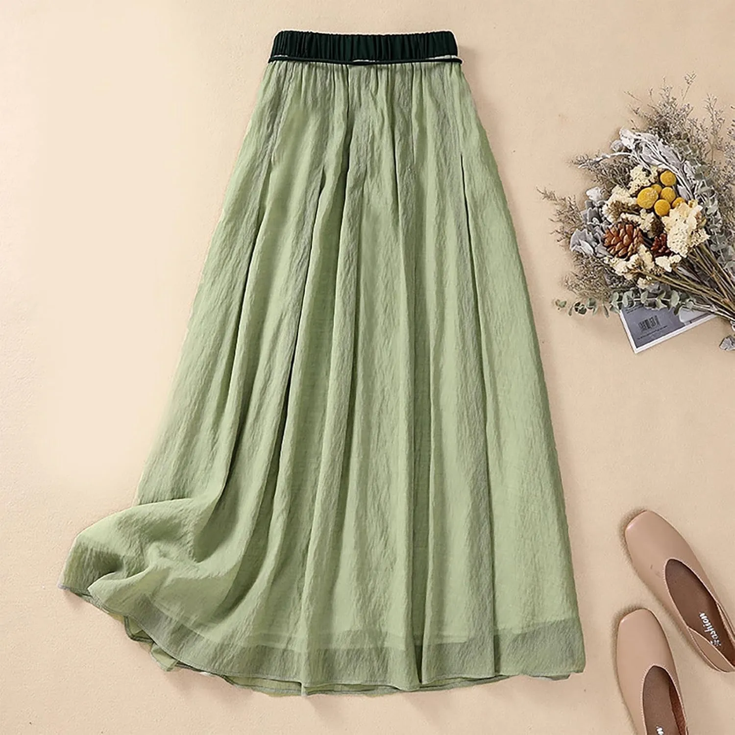 Summer Cotton Linen Skirts for Women Trendy A-Line Flowy Long Skirts Lace-Up Elastic Waist Beach Vacation Skirts