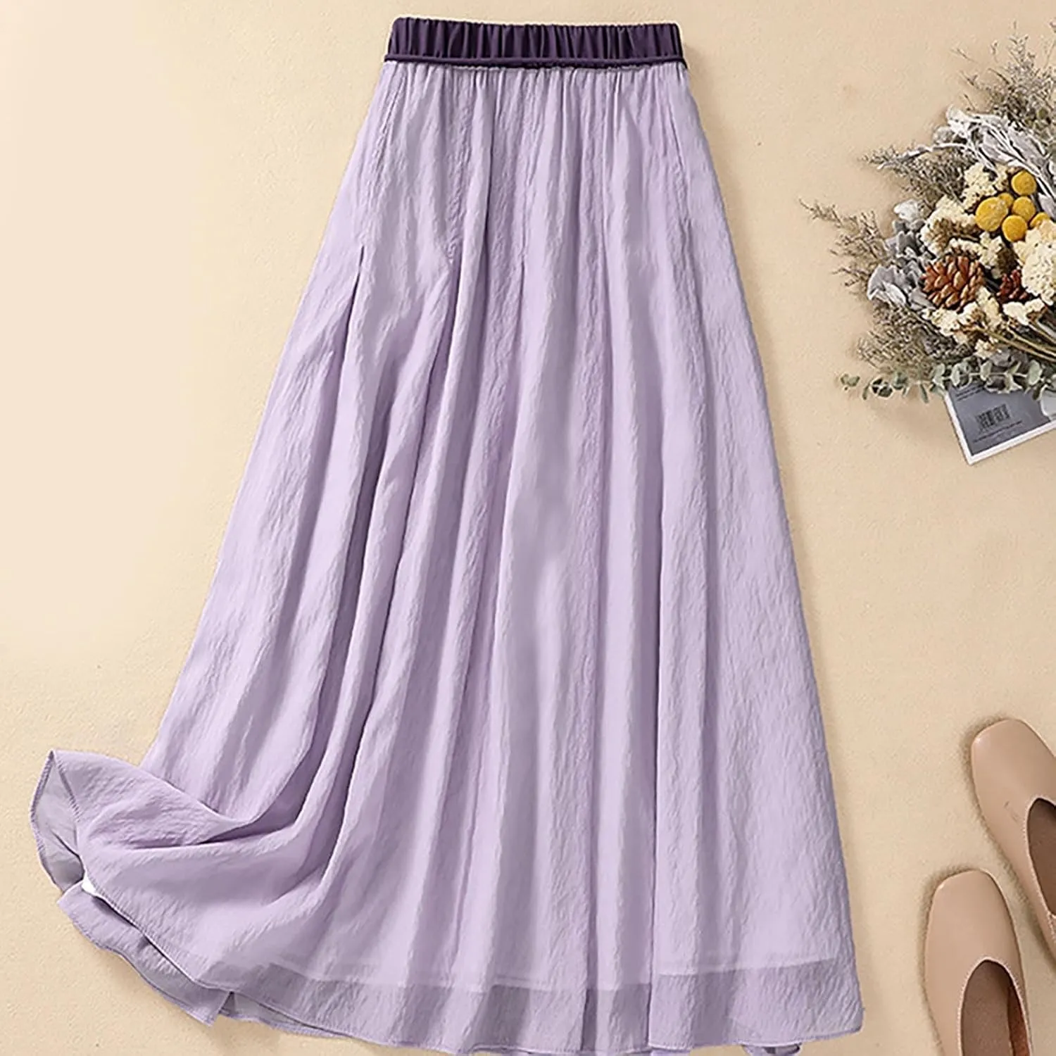 Summer Cotton Linen Skirts for Women Trendy A-Line Flowy Long Skirts Lace-Up Elastic Waist Beach Vacation Skirts