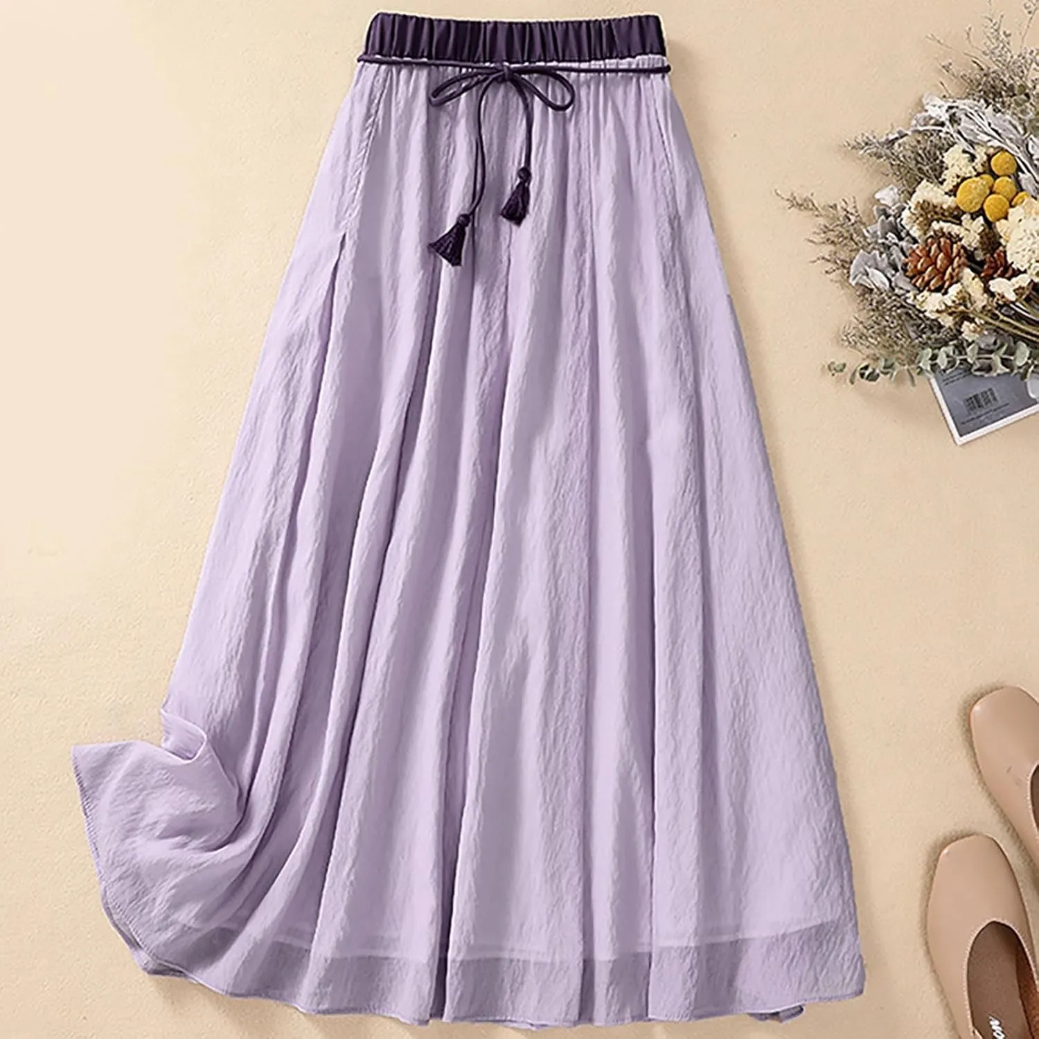 Summer Cotton Linen Skirts for Women Trendy A-Line Flowy Long Skirts Lace-Up Elastic Waist Beach Vacation Skirts