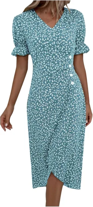 Summer Dresses for Women 2025 Fashion Floral Print V Neck 3/4 Sleeve Dress High Waist Boho Dresses Wrap Maxi Dress
