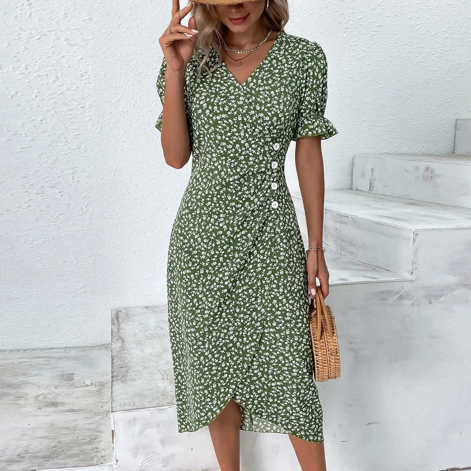 Summer Dresses for Women 2025 Fashion Floral Print V Neck 3/4 Sleeve Dress High Waist Boho Dresses Wrap Maxi Dress