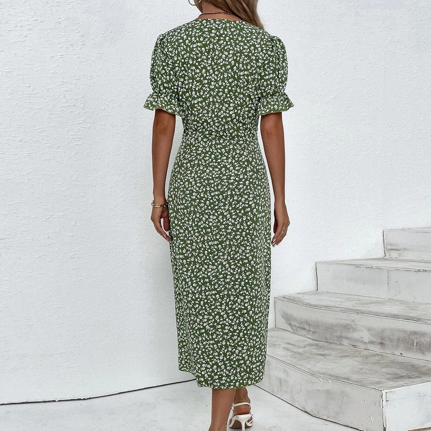 Summer Dresses for Women 2025 Fashion Floral Print V Neck 3/4 Sleeve Dress High Waist Boho Dresses Wrap Maxi Dress