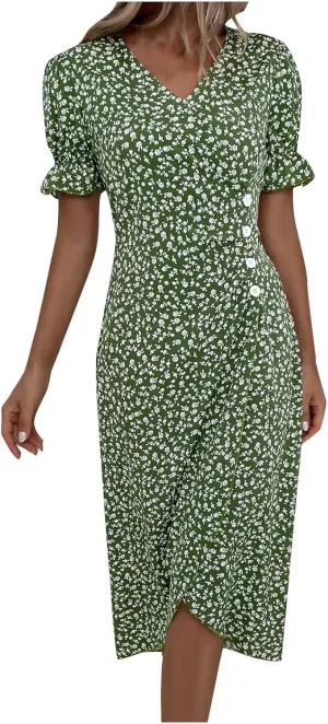Summer Dresses for Women 2025 Fashion Floral Print V Neck 3/4 Sleeve Dress High Waist Boho Dresses Wrap Maxi Dress