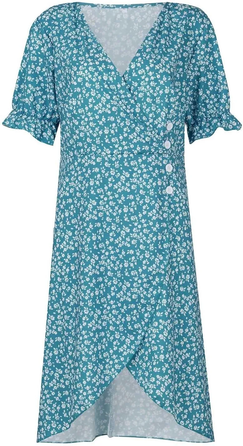 Summer Dresses for Women 2025 Fashion Floral Print V Neck 3/4 Sleeve Dress High Waist Boho Dresses Wrap Maxi Dress