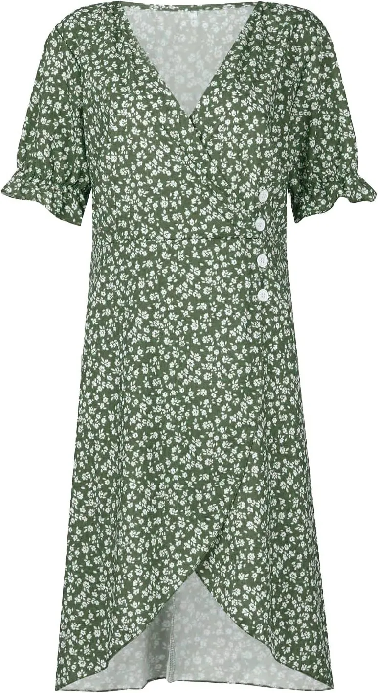 Summer Dresses for Women 2025 Fashion Floral Print V Neck 3/4 Sleeve Dress High Waist Boho Dresses Wrap Maxi Dress