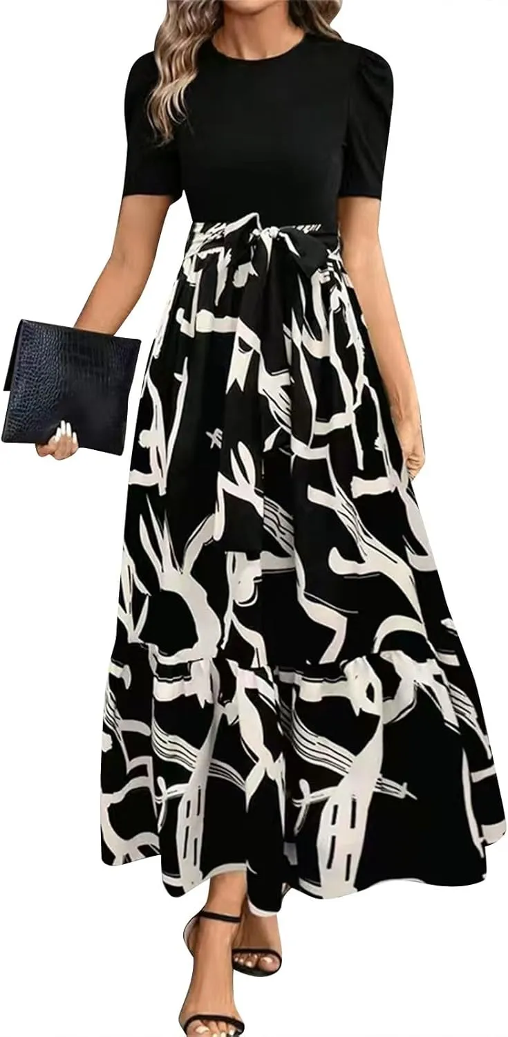 Summer Dresses for Women 2025 Floral Print Wrap Short Sleeve Maxi Dress Patchwork Ruffle Hem A Line Dress