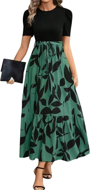 Summer Dresses for Women 2025 Floral Print Wrap Short Sleeve Maxi Dress Patchwork Ruffle Hem A Line Dress