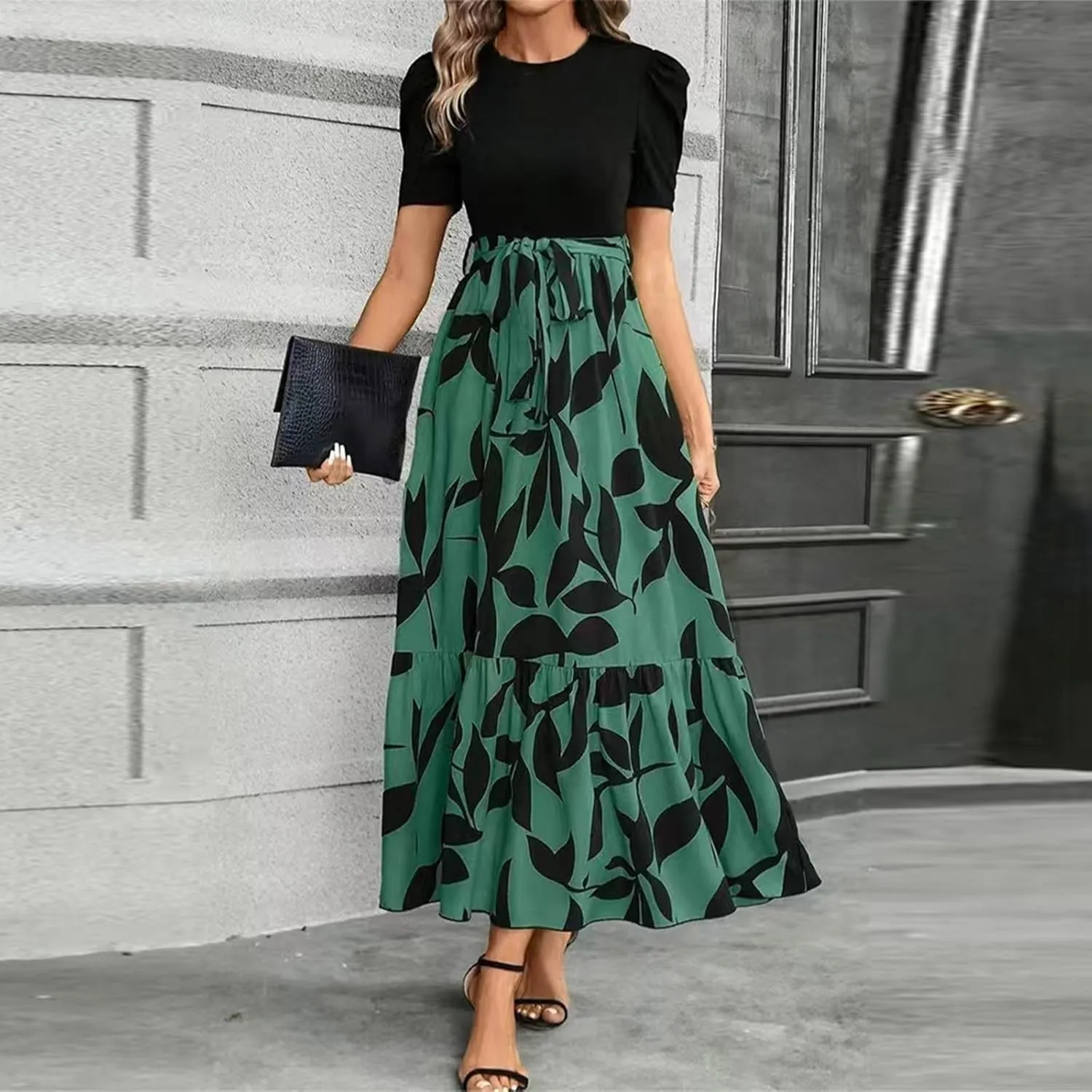 Summer Dresses for Women 2025 Floral Print Wrap Short Sleeve Maxi Dress Patchwork Ruffle Hem A Line Dress