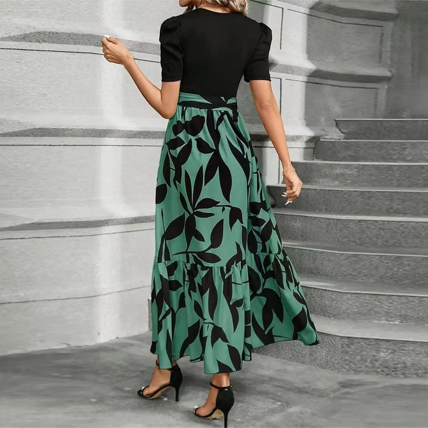 Summer Dresses for Women 2025 Floral Print Wrap Short Sleeve Maxi Dress Patchwork Ruffle Hem A Line Dress
