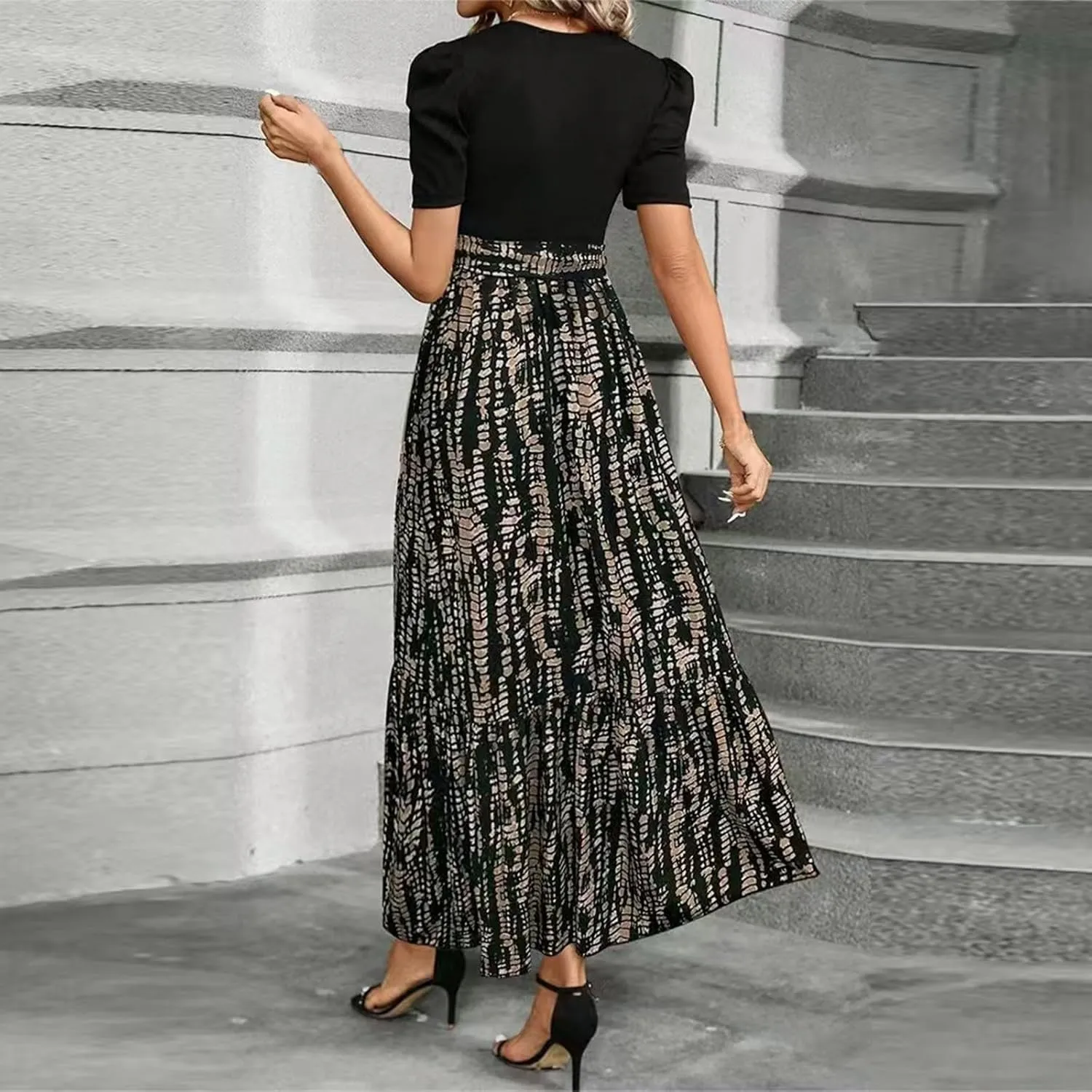 Summer Dresses for Women 2025 Floral Print Wrap Short Sleeve Maxi Dress Patchwork Ruffle Hem A Line Dress