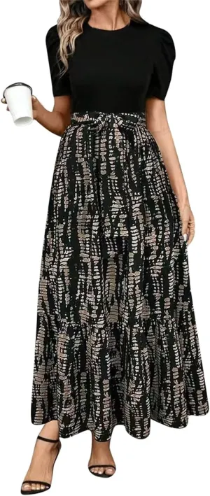 Summer Dresses for Women 2025 Floral Print Wrap Short Sleeve Maxi Dress Patchwork Ruffle Hem A Line Dress