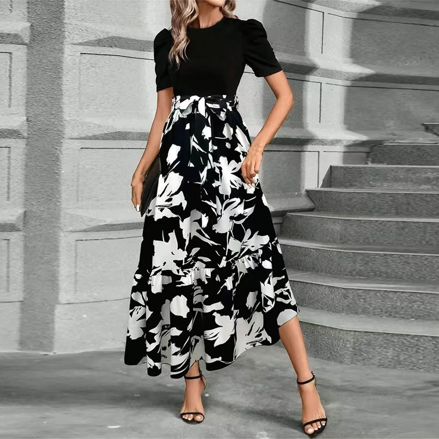 Summer Dresses for Women 2025 Floral Print Wrap Short Sleeve Maxi Dress Patchwork Ruffle Hem A Line Dress