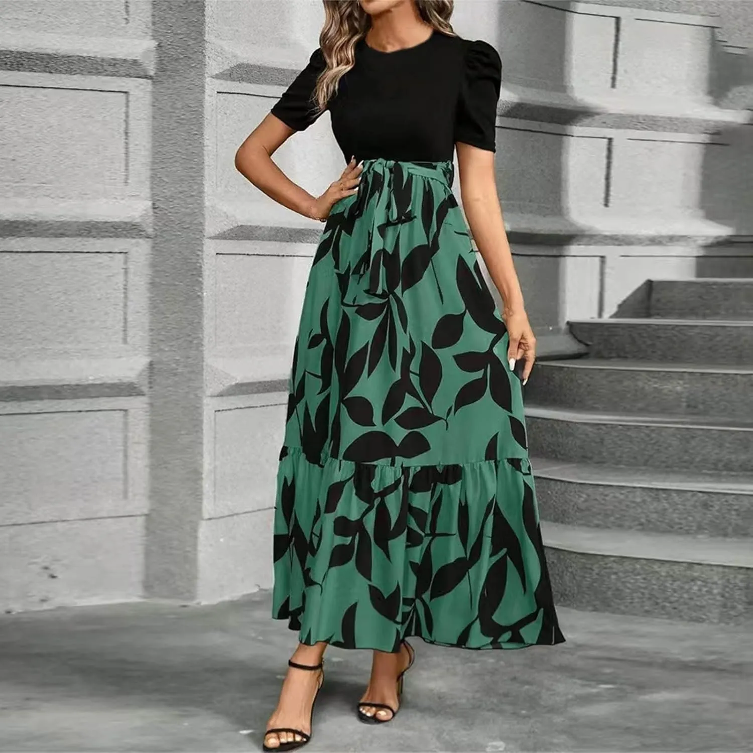 Summer Dresses for Women 2025 Floral Print Wrap Short Sleeve Maxi Dress Patchwork Ruffle Hem A Line Dress