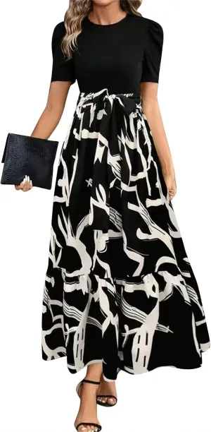 Summer Dresses for Women 2025 Floral Print Wrap Short Sleeve Maxi Dress Patchwork Ruffle Hem A Line Dress