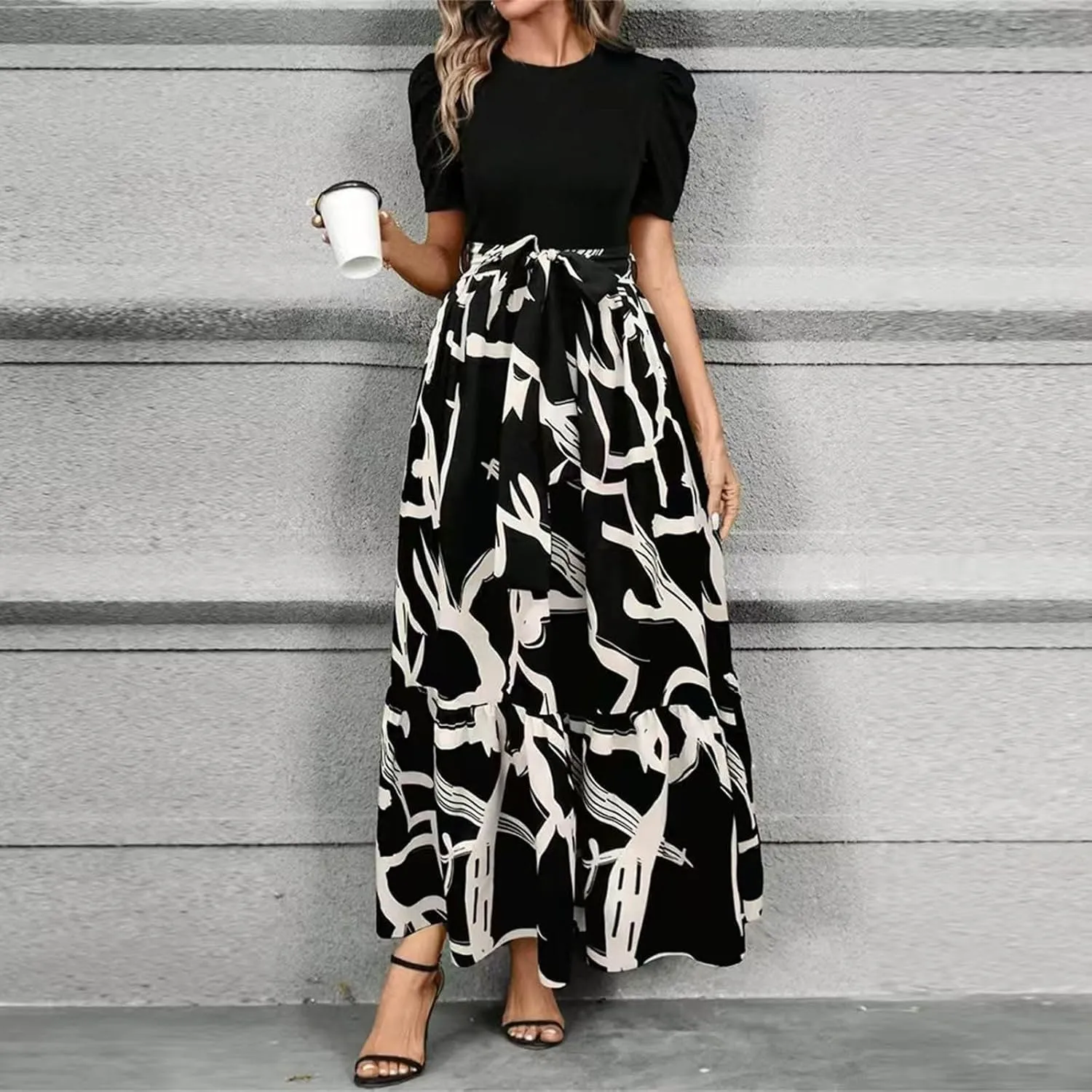 Summer Dresses for Women 2025 Floral Print Wrap Short Sleeve Maxi Dress Patchwork Ruffle Hem A Line Dress