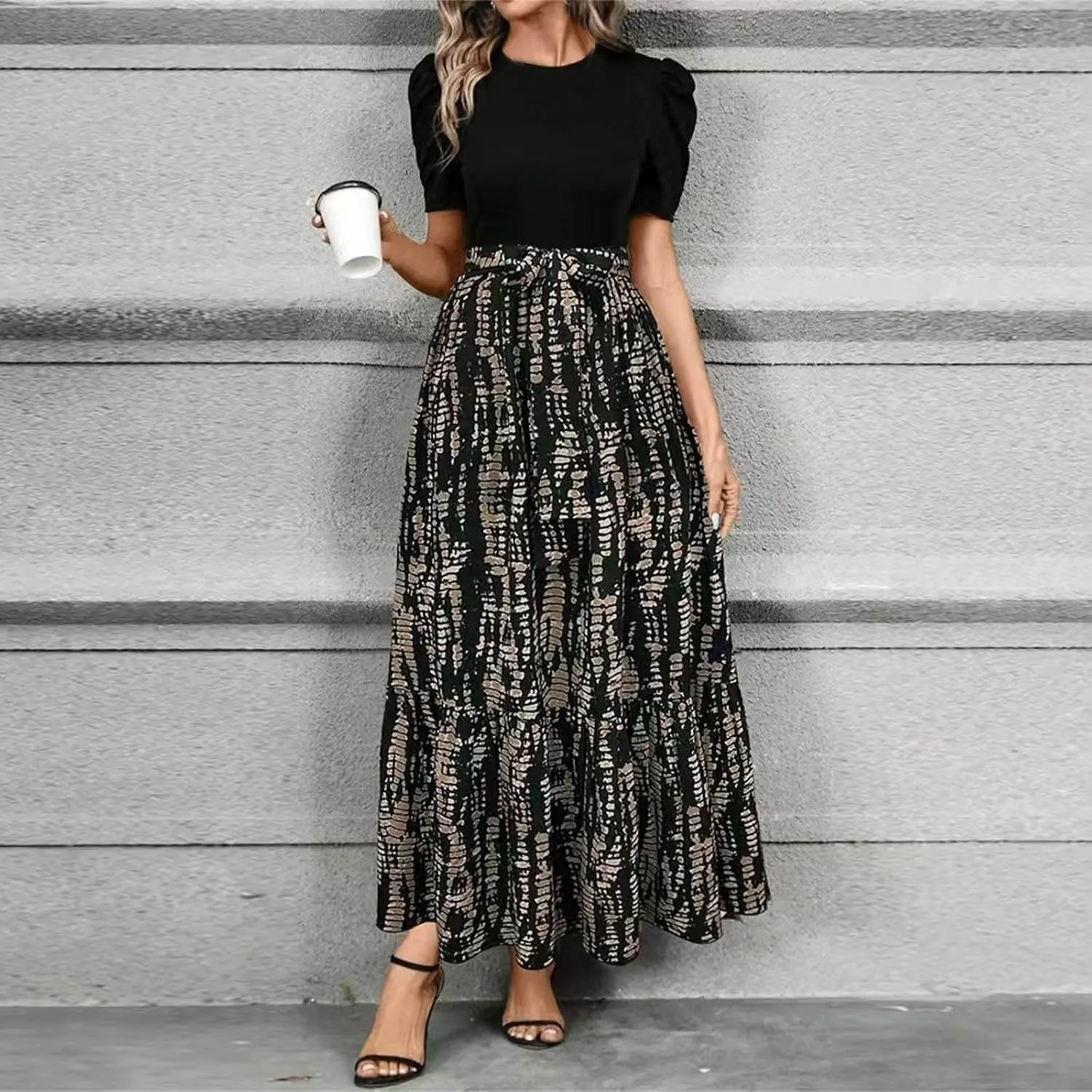 Summer Dresses for Women 2025 Floral Print Wrap Short Sleeve Maxi Dress Patchwork Ruffle Hem A Line Dress