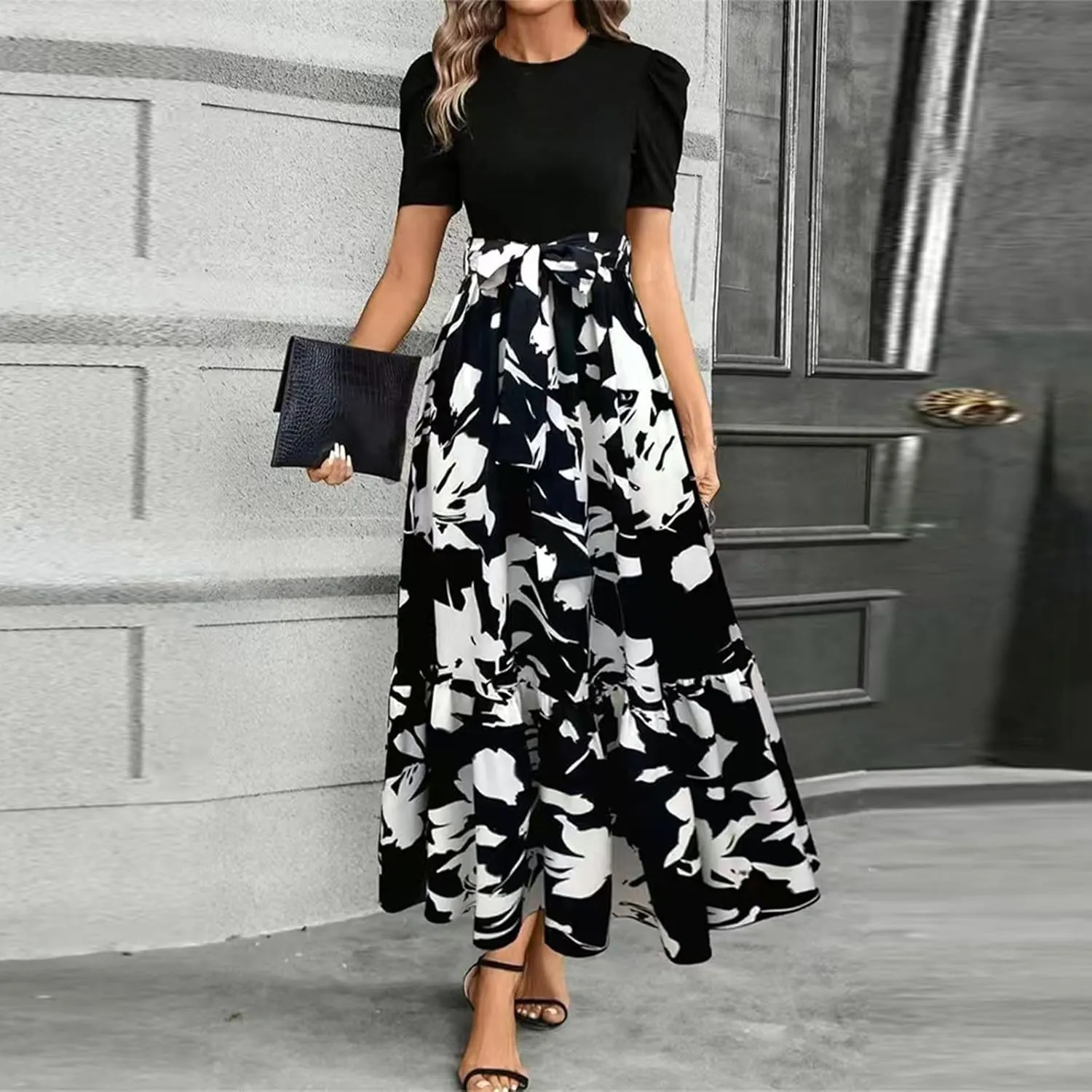 Summer Dresses for Women 2025 Floral Print Wrap Short Sleeve Maxi Dress Patchwork Ruffle Hem A Line Dress