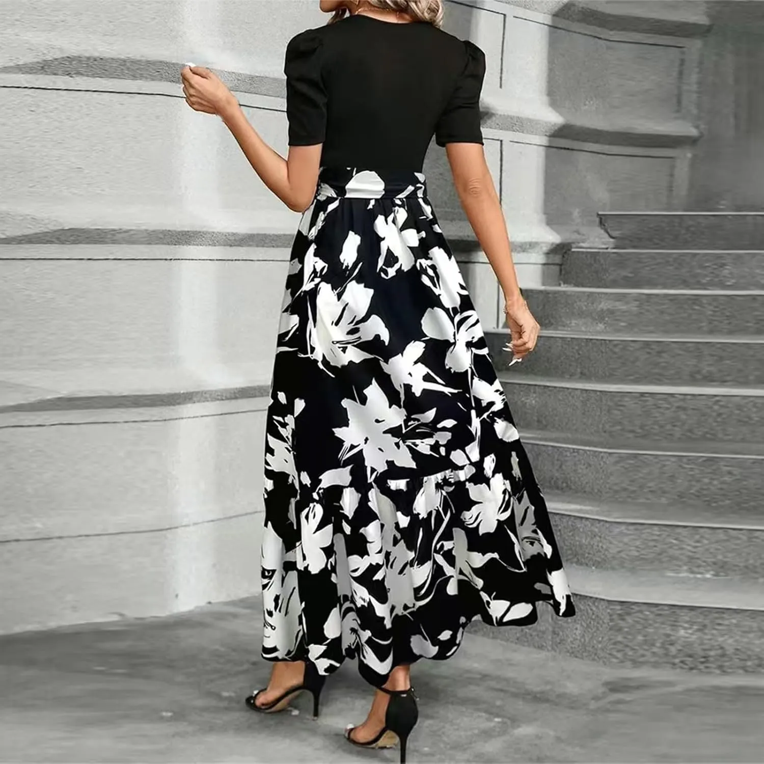 Summer Dresses for Women 2025 Floral Print Wrap Short Sleeve Maxi Dress Patchwork Ruffle Hem A Line Dress