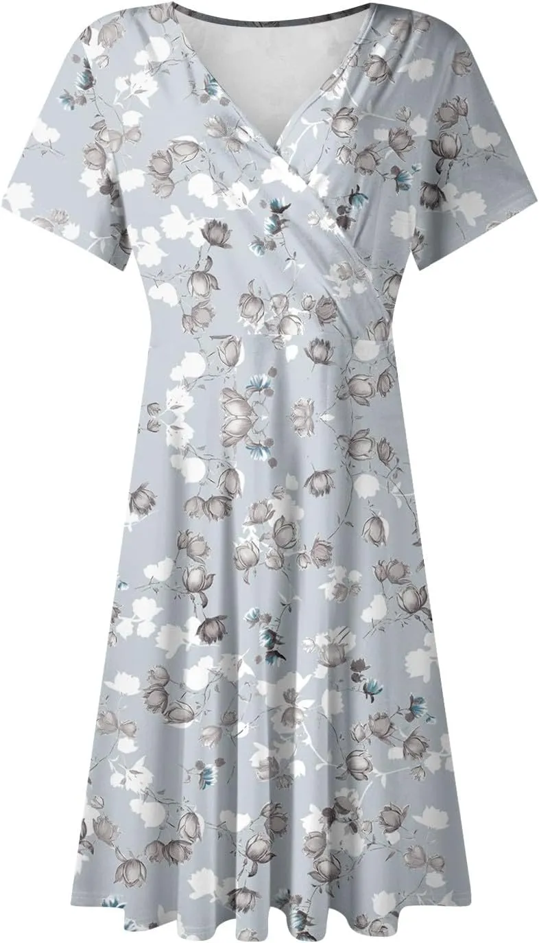 Summer Dresses for Women 2025 Short Flared Sleeve Casual Wrap Dress Sexy V Neck Floral Sundresses for Women