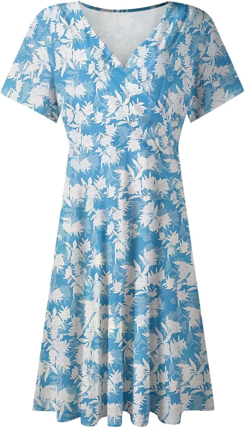 Summer Dresses for Women 2025 Short Flared Sleeve Casual Wrap Dress Sexy V Neck Floral Sundresses for Women