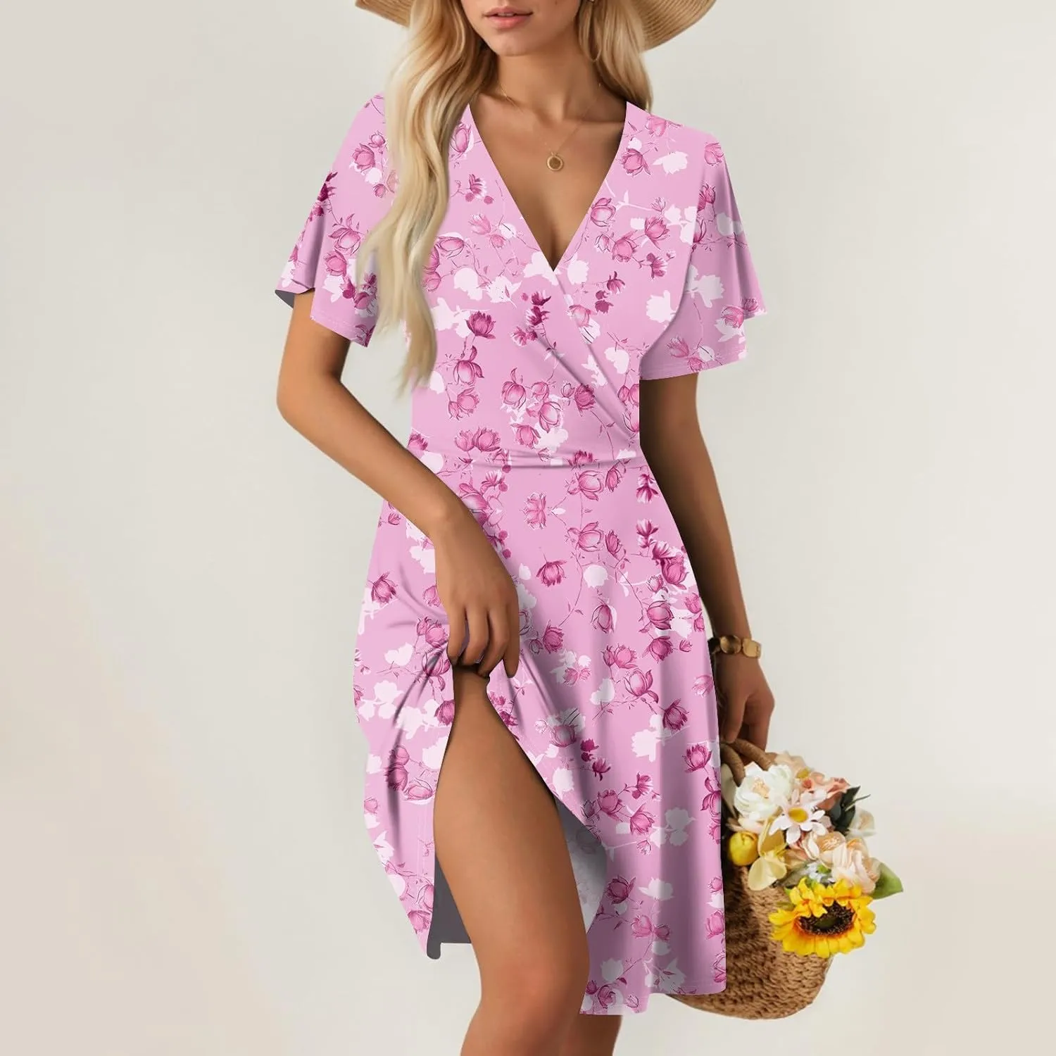 Summer Dresses for Women 2025 Short Flared Sleeve Casual Wrap Dress Sexy V Neck Floral Sundresses for Women