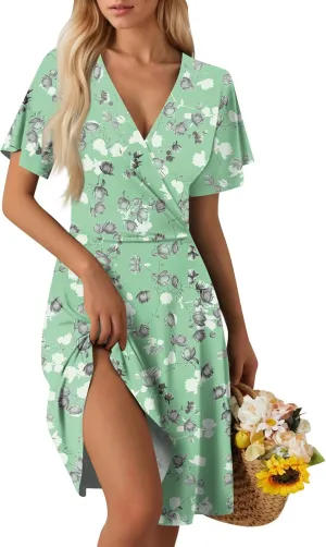 Summer Dresses for Women 2025 Short Flared Sleeve Casual Wrap Dress Sexy V Neck Floral Sundresses for Women