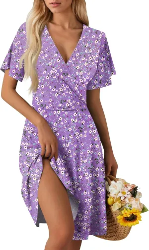 Summer Dresses for Women 2025 Short Flared Sleeve Casual Wrap Dress Sexy V Neck Floral Sundresses for Women