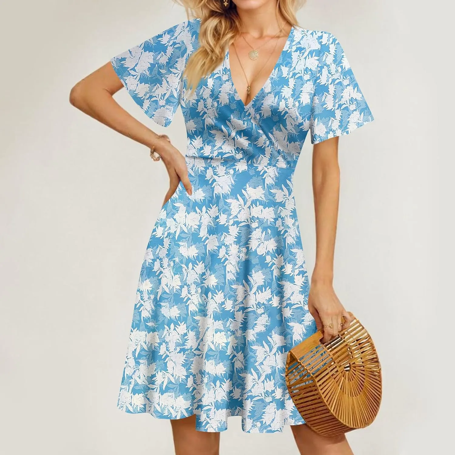Summer Dresses for Women 2025 Short Flared Sleeve Casual Wrap Dress Sexy V Neck Floral Sundresses for Women