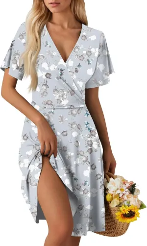 Summer Dresses for Women 2025 Short Flared Sleeve Casual Wrap Dress Sexy V Neck Floral Sundresses for Women