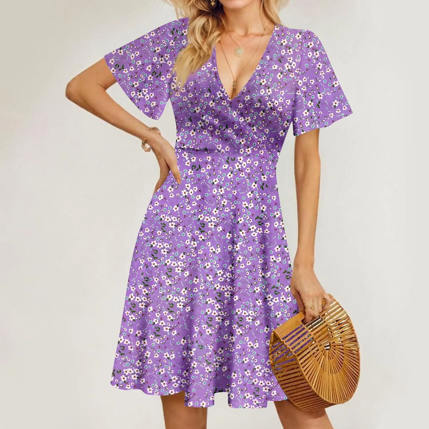 Summer Dresses for Women 2025 Short Flared Sleeve Casual Wrap Dress Sexy V Neck Floral Sundresses for Women